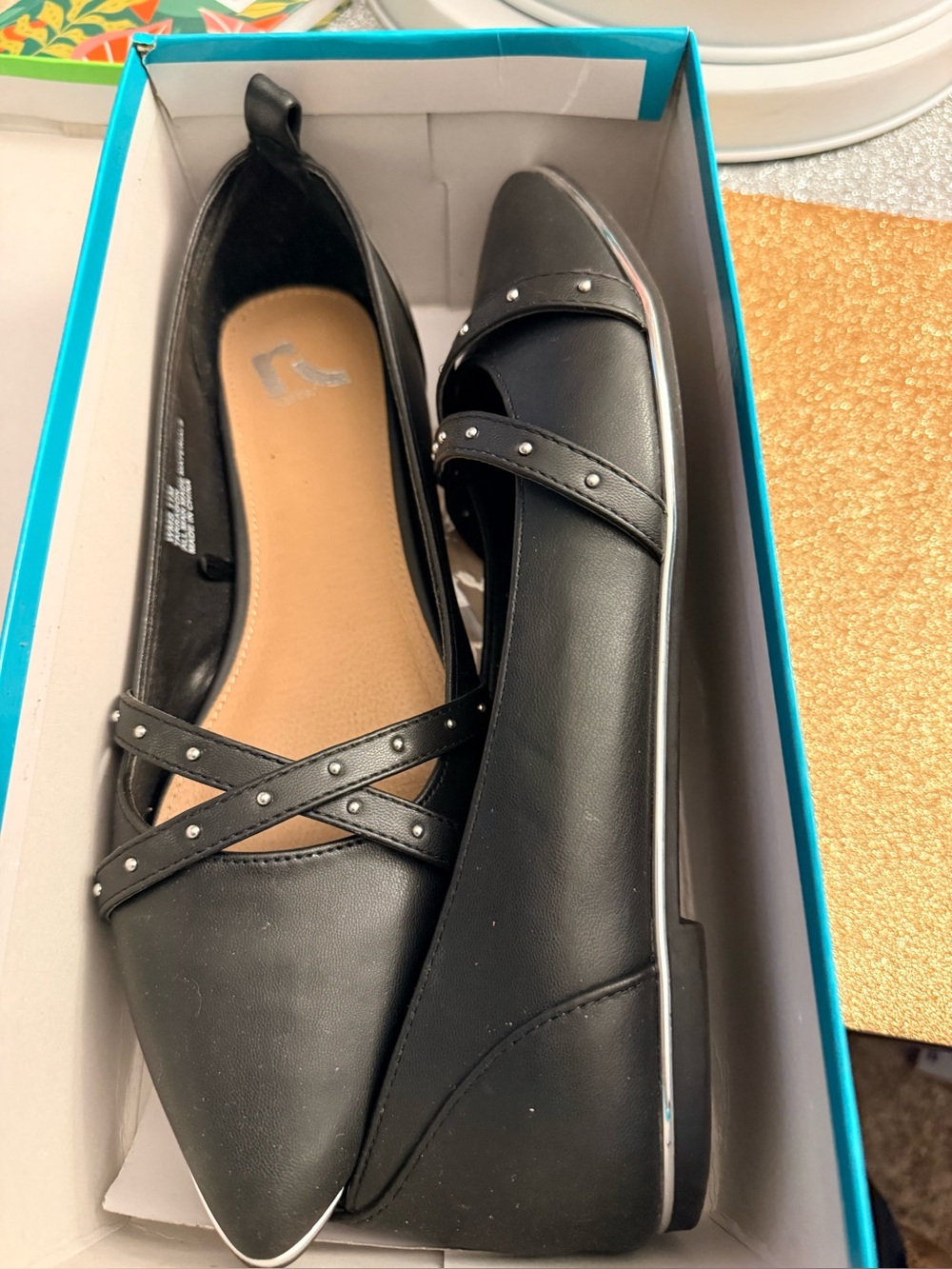 Black Pointed-Toe Studded Crisscross Flats
